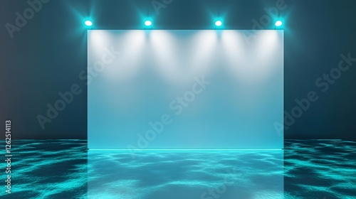 A rectangular white wall illuminated by six cyan spotlights in a minimalist futuristic gallery with glowing resin floors and reflective panels.
