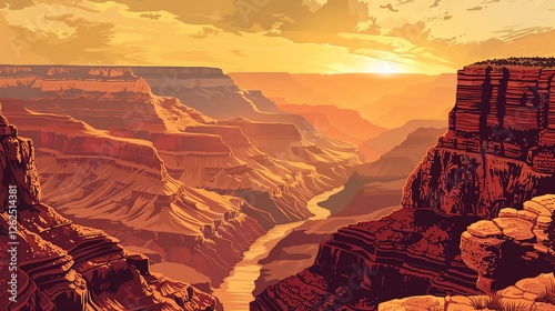 A digital illustration of the Grand Canyon at sunset.