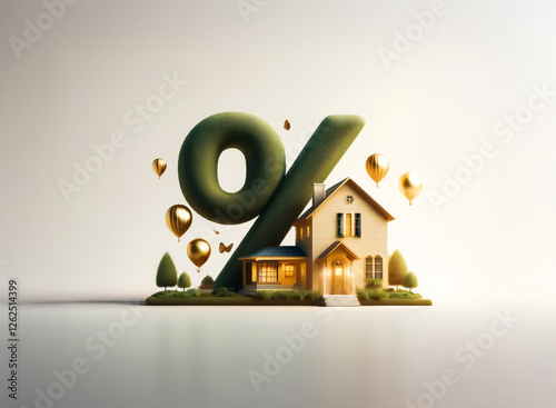 House with a percentage symbol and gold balloons, representing real estate deals, discounts, or reduced interest rates for home buyers.
