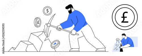 Man mining cryptocurrencies using a pickaxe, extracting various currency symbols from rocks. Digital wallet with coin symbols. Ideal for fintech, investment, blockchain, virtual currencies, economic