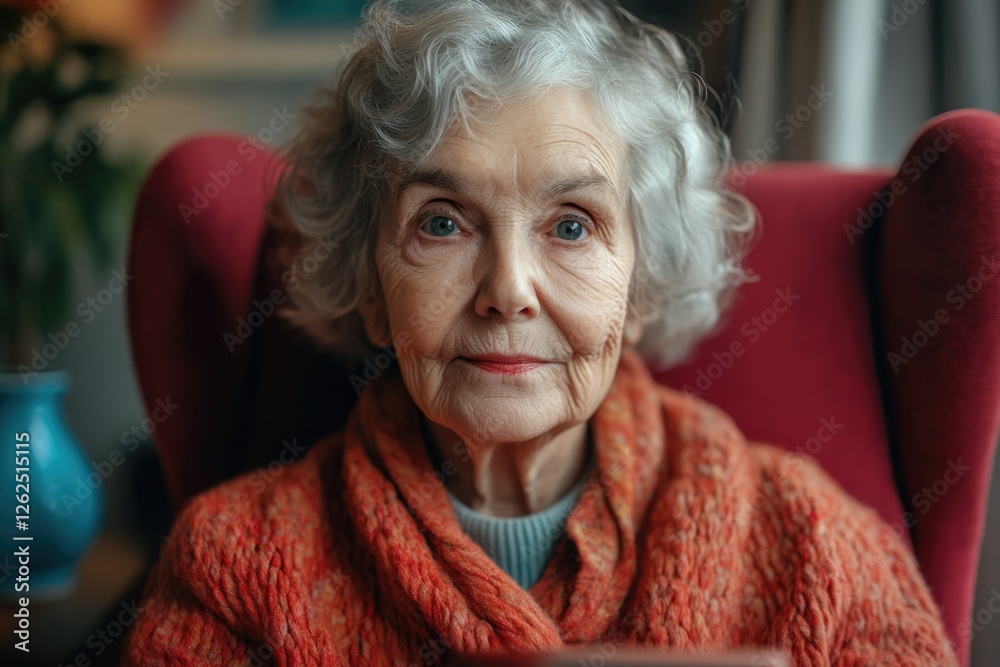 Portrait of a serene elderly woman with silver hair, wearing a cozy orange sweater, sitting in a red armchair. Portrait of a serene elderly woman with silver hair, wearing a cozy orange sweater, sitting in a red armchair.
