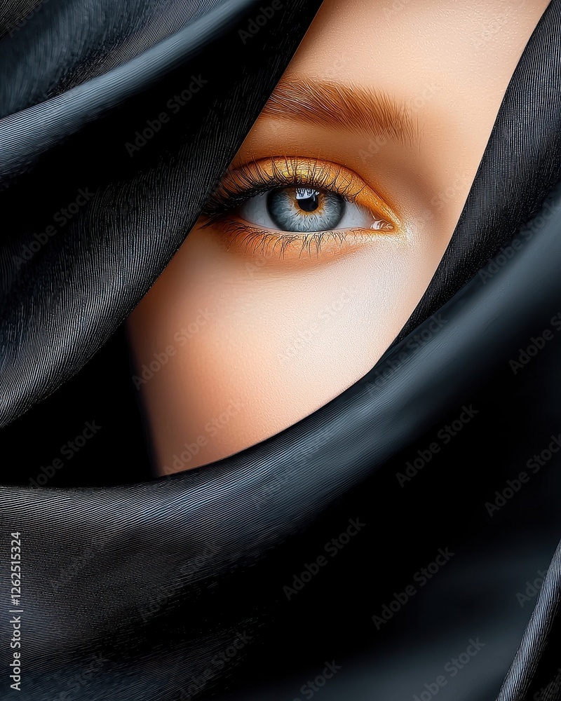 Fototapeta premium Close-Up of Beautiful Eye Framed by Dark Fabric in Soft Light