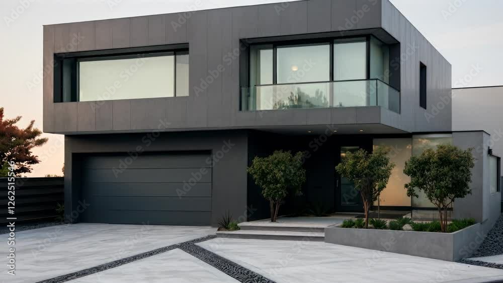 Modern minimalist house with large windows, captured from a low-angle. The video showcases sleek lines and a spacious driveway. Modern minimalist house with large windows, captured from a low-angle. The video showcases sleek lines and a spacious driveway.