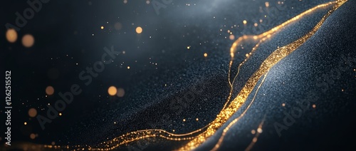 Luxurious abstract background featuring golden glitter on a black, shiny canvas creating a mystique design concept