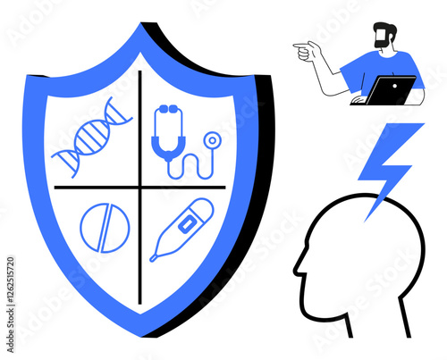 Medical shield emblem featuring DNA, stethoscope, pill, and thermometer. Doctor with laptop pointing. Human head with lightning bolt symbolizing ideas. Ideal for health, protection, technology