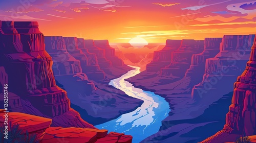 A digital illustration of a colorful sunset over the Grand Canyon.