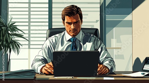 Focused Businessman Working Remotely with Laptop in Office