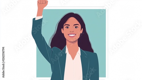 Confident Business Woman Smiling Arm Raised Flat Vector Illustration