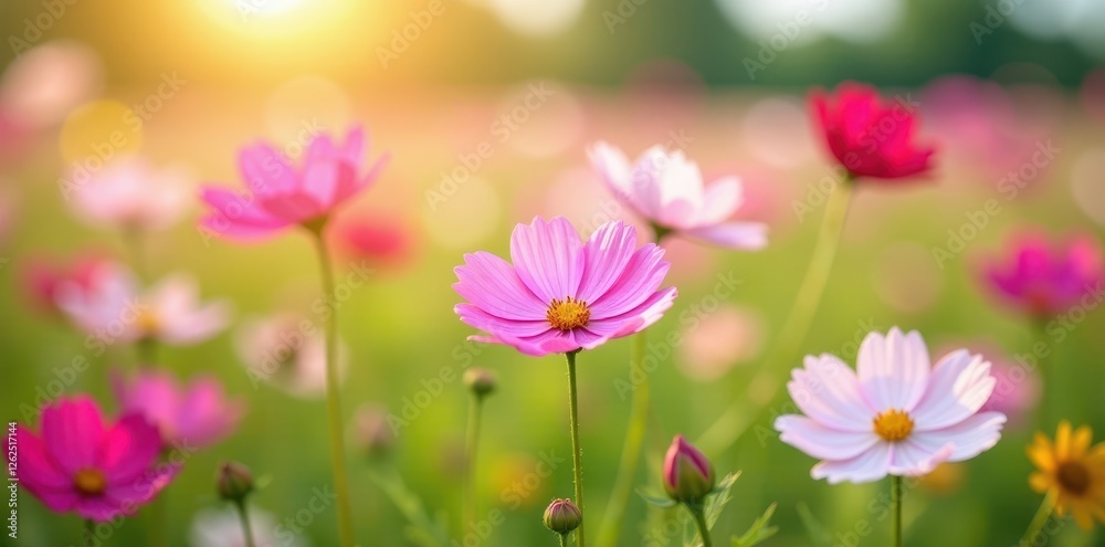 Cosmos flowers swaying gently in a summer field , countryside, garden, bloom Cosmos flowers swaying gently in a summer field , countryside, garden, bloom