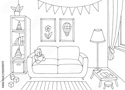 Children room graphic black white home interior sketch illustration vector 