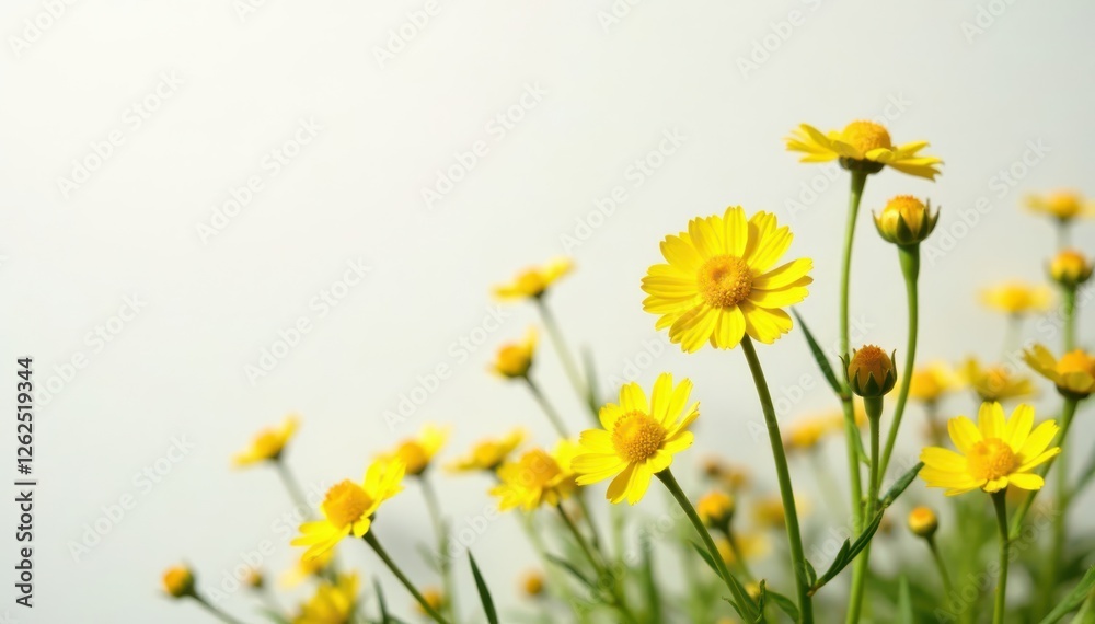 Fototapeta premium Dainty yellow wildflowers, delicate petals, pristine white wall , delicate, beauty, flower