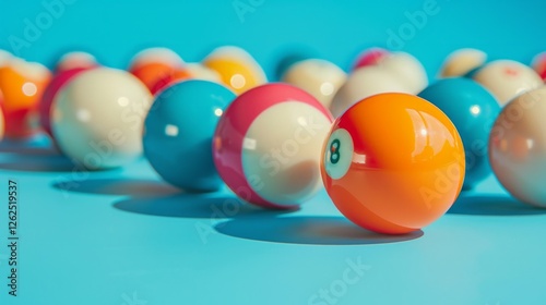 Brightly coloured billiard balls on a blue background, ideal for entertainment and sports themes and in game design.