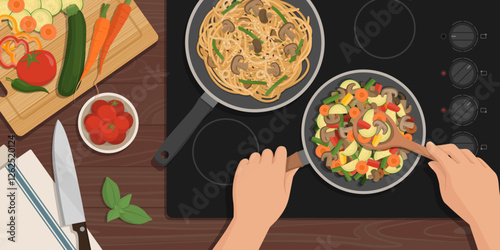 Cook frying vegetables in a pan top view