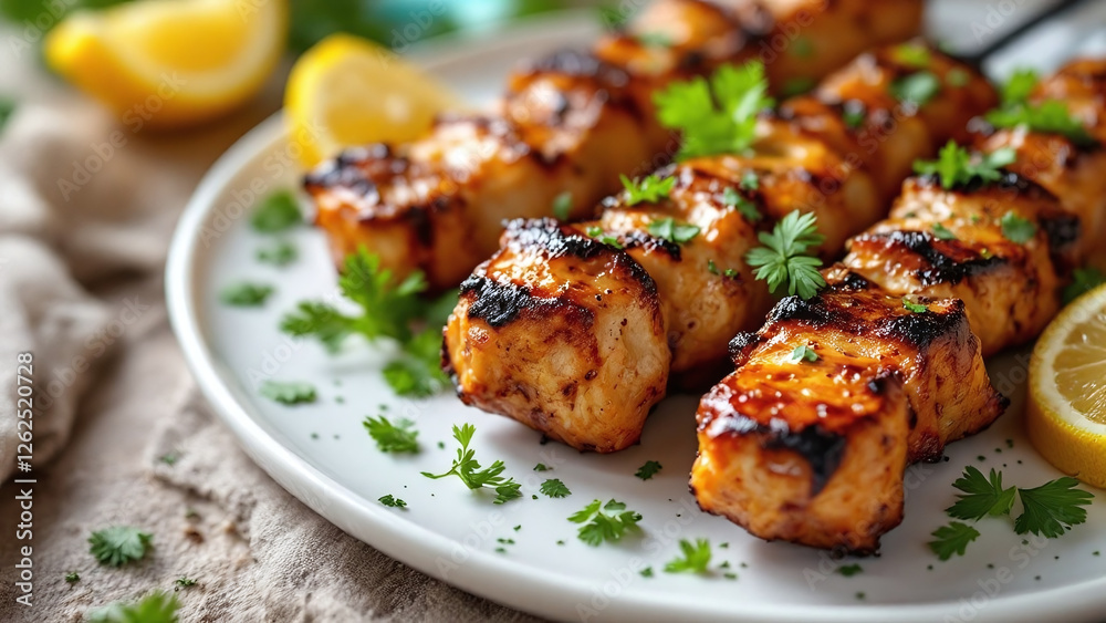 Spring kebab with vibrant flavors garnished with fresh herbs against a rustic background. Spring kebab with vibrant flavors garnished with fresh herbs against a rustic background.