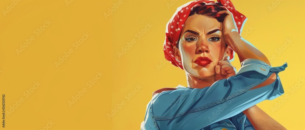 Fototapeta premium Bright retro style poster with the image of a woman in a scarf, suitable for poster design, advertising and thematic projects related to history and culture.