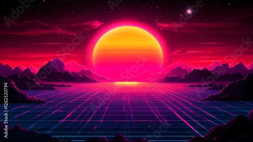 Sunset with cyber grid and retro futuristic colors in 80s aesthetic style