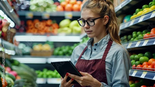 Young woman grocery store employee checking inventory on a digital tablet while standing in front of fresh fruits and vegetables in a well-lit supermarket environment