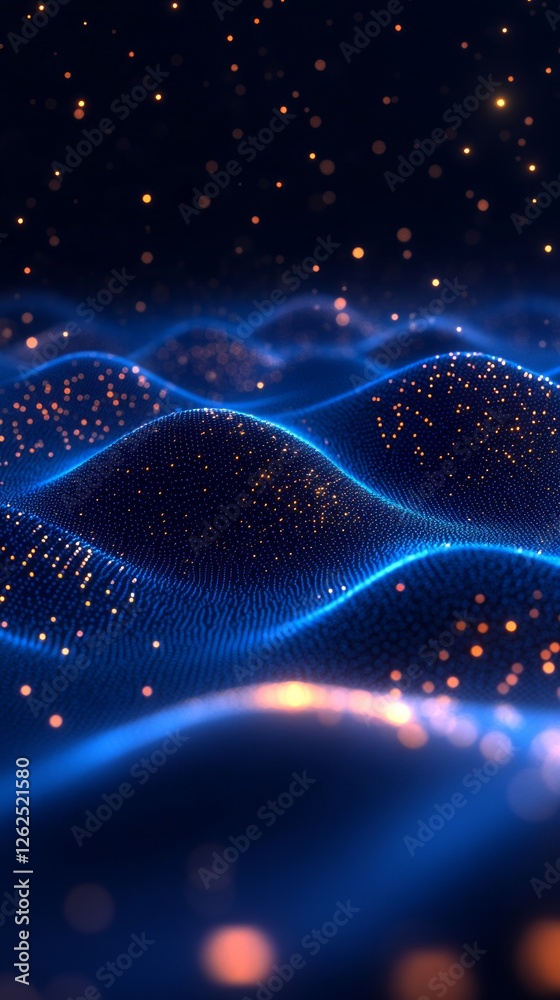 Fototapeta premium Fluid blue waves undulate softly across a dark background, adorned with shimmering particles that create a mesmerizing digital atmosphere at night