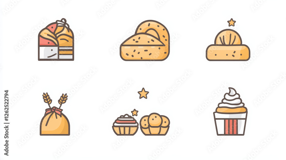 Bakery shop and pastry icons set of bread and desserts. Vector croissant and bagels or cupcakes and muffins. Symbols of flour bag and wheat ears, stars and ribbons for premium store Bakery shop and pastry icons set of bread and desserts. Vector croissant and bagels or cupcakes and muffins. Symbols of flour bag and wheat ears, stars and ribbons for premium store