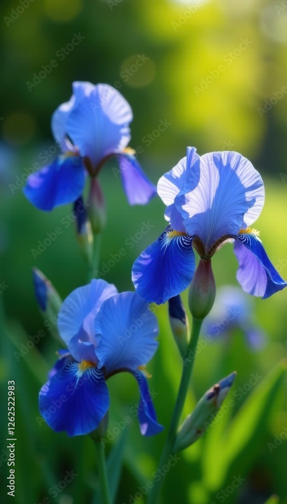 Deep blue irises in full bloom, springtime garden , flora, floral Deep blue irises in full bloom, springtime garden , flora, floral