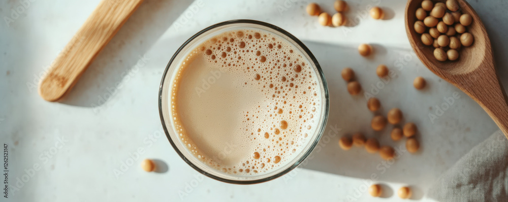 Fresh soy milk in glass with bubbles, surrounded by soybeans and wooden spoon, creates warm and inviting atmosphere Fresh soy milk in glass with bubbles, surrounded by soybeans and wooden spoon, creates warm and inviting atmosphere