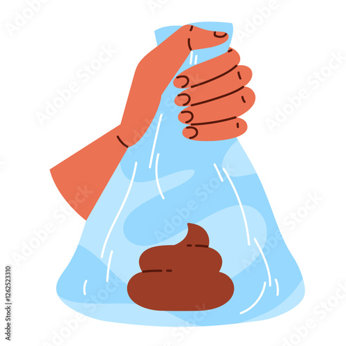  Clean up after your dog concept. Hand holding a plastic poop bag with dog fece. Pet care, environmental awareness and waste disposal. Vector illustration in cartoon style. Isolated white background