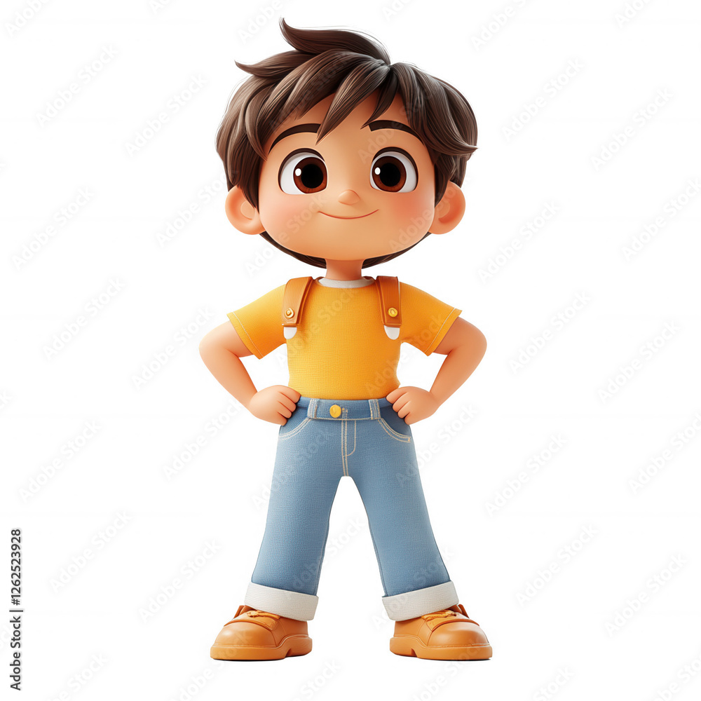 3D cartoon boy standing with his hands on his hips, confident pose, isolated on white background 3D cartoon boy standing with his hands on his hips, confident pose, isolated on white background