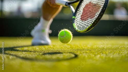 A professional tennis player hitting a powerful forehand on a grass court, with the ball flying towards their opponent.