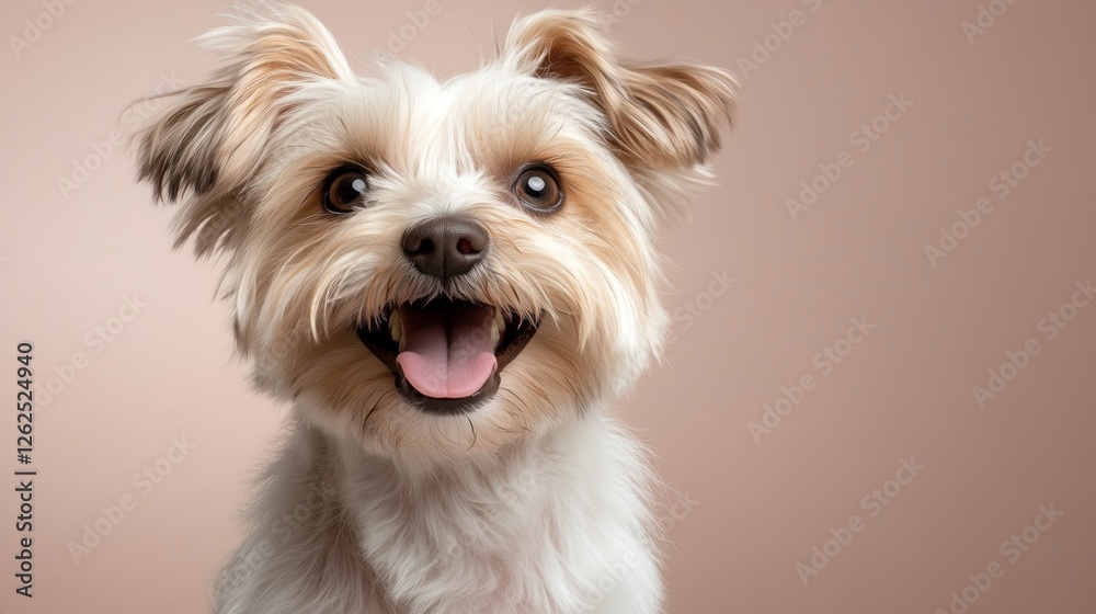 small dog with fluffy fur and bright eyes displays a joyful expression, smiling directly at the camera. neutral background enhances the dogs delightful features and cheerful demeanor small dog with fluffy fur and bright eyes displays a joyful expression, smiling directly at the camera. neutral background enhances the dogs delightful features and cheerful demeanor