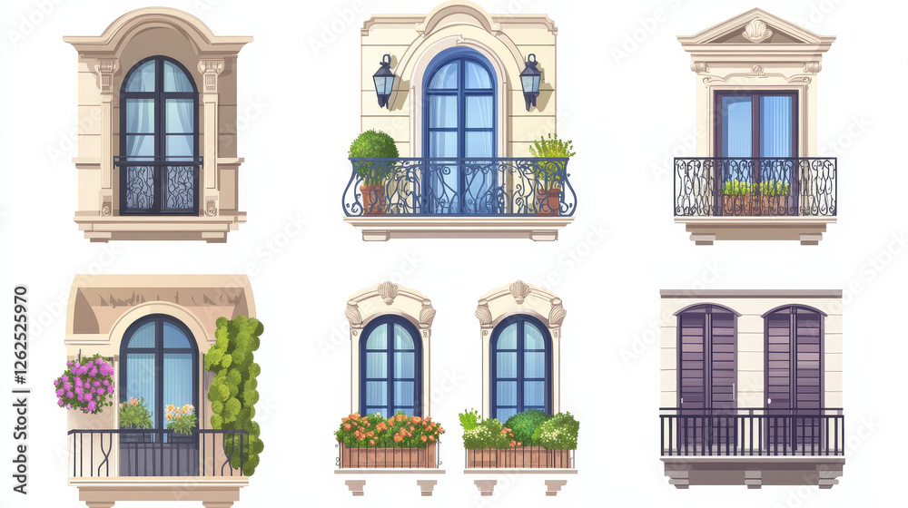 Windows and balconies vector icons. House exterior or interior, apartment building architecture design elements. Home facade balconies with windows, doors and railings, balustrades with flower pots Windows and balconies vector icons. House exterior or interior, apartment building architecture design elements. Home facade balconies with windows, doors and railings, balustrades with flower pots