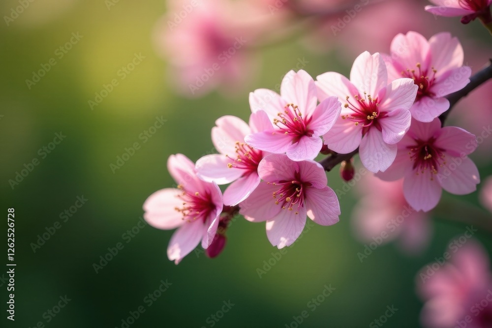 Delicate cherry blossom branch, vibrant pink flowers against lush green foliage , pretty, flower branch Delicate cherry blossom branch, vibrant pink flowers against lush green foliage , pretty, flower branch
