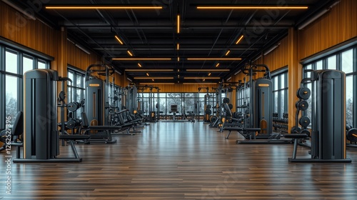 Modern gym interior, wood floors, winter view, fitness equipment photo