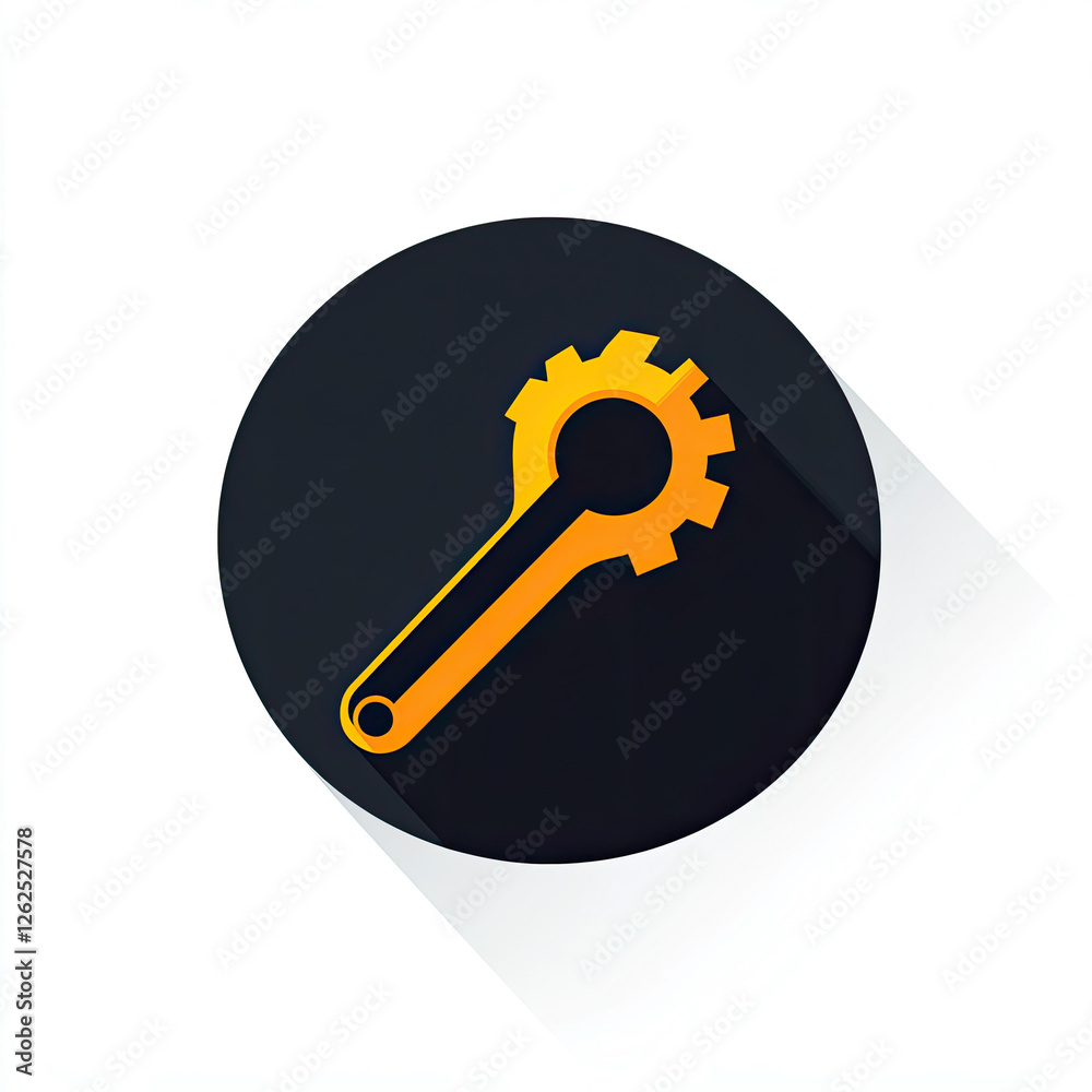 A yellow gear wrench on a black circle with a long shadow A yellow gear wrench on a black circle with a long shadow
