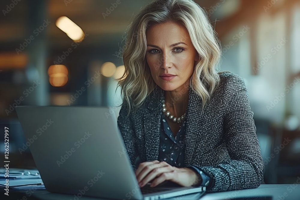 Focused Businesswoman Working on Laptop in Modern Office Setting Focused Businesswoman Working on Laptop in Modern Office Setting