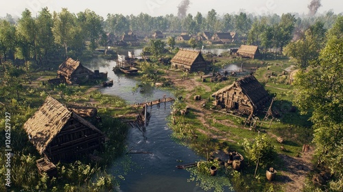 Aerial view of a medieval village nestled beside a waterway, with hazy background of explosions.  Possible use historical fiction, game art
