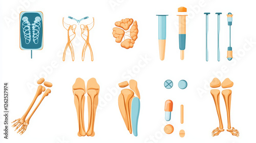 Rheumatology flat icon of diagnostic and therapy principles of rheumatic diseases with symbols of x ray scans of knee joint and hands with arthritis, pills, syringe, ointment tube and crutch photo