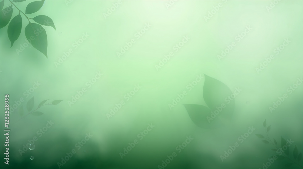 Green misty background with leaves and water drops creating a relaxing atmosphere