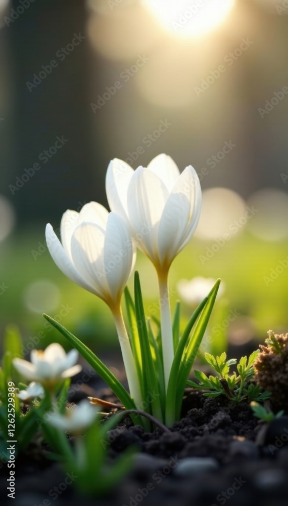 Fototapeta premium Delicate white crocus blossoms, soft light, springtime ambiance , light, gentle