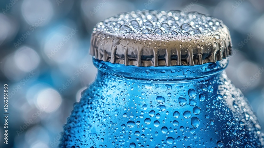 Close-up of a frosty blue bottle cap with water droplets, blurry blue background Close-up of a frosty blue bottle cap with water droplets, blurry blue background