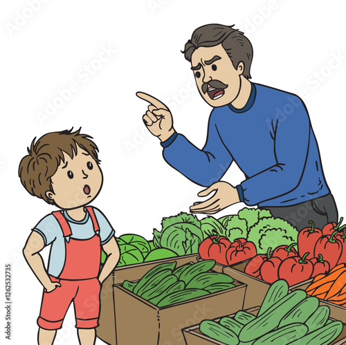 Father Scolding His Son at a Farmers Market Parenting and Discipline Concept Illustration