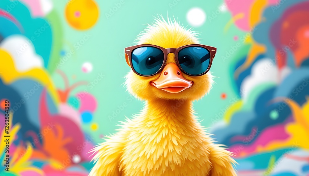 Naklejka premium Cool Duckling Wearing Sunglasses Colorful Background Illustration