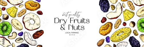 Dried fruits and nuts drawing. Vector label template.