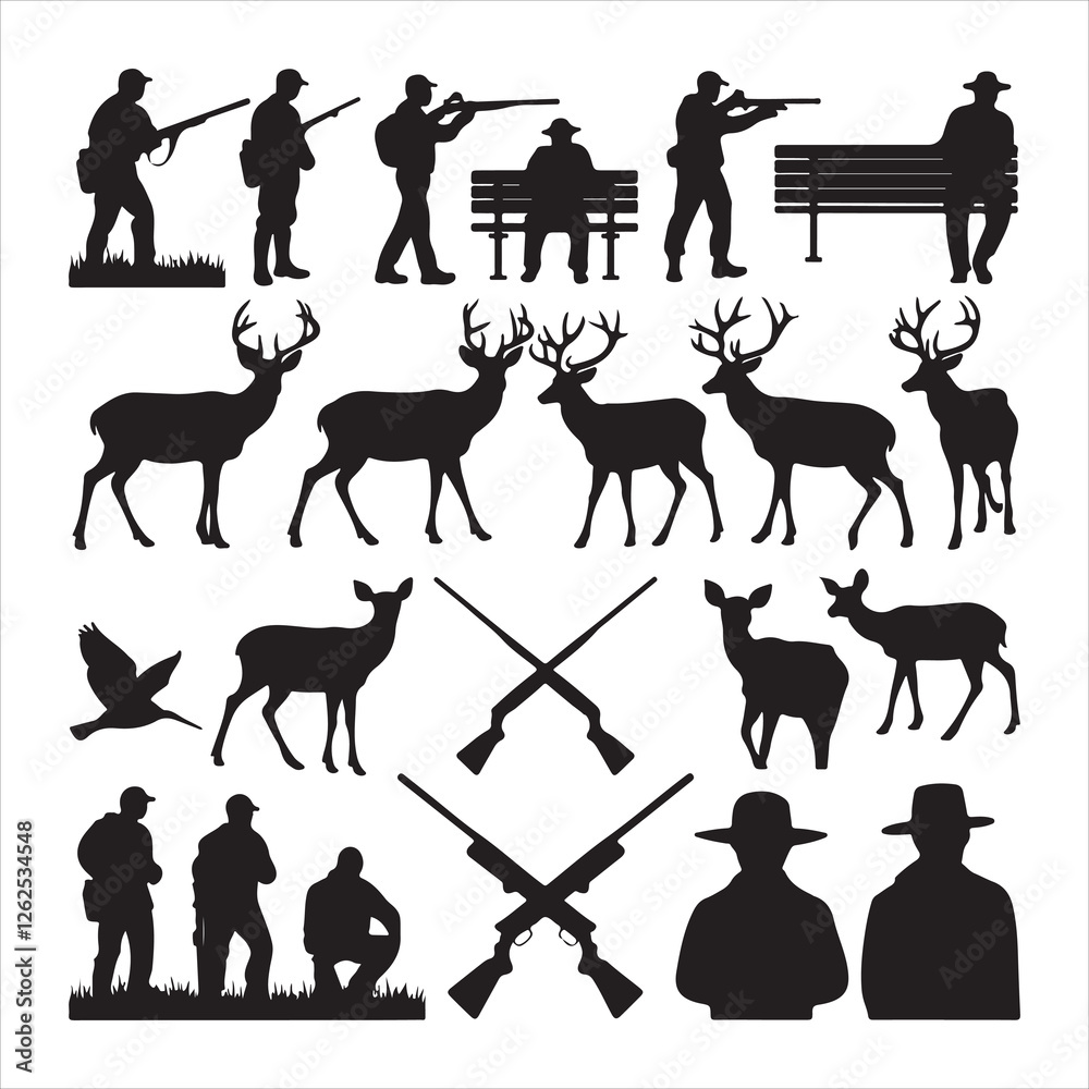 Fototapeta premium Hunting Silhouette Collection: Diverse Hunters and Deer for Outdoor Design