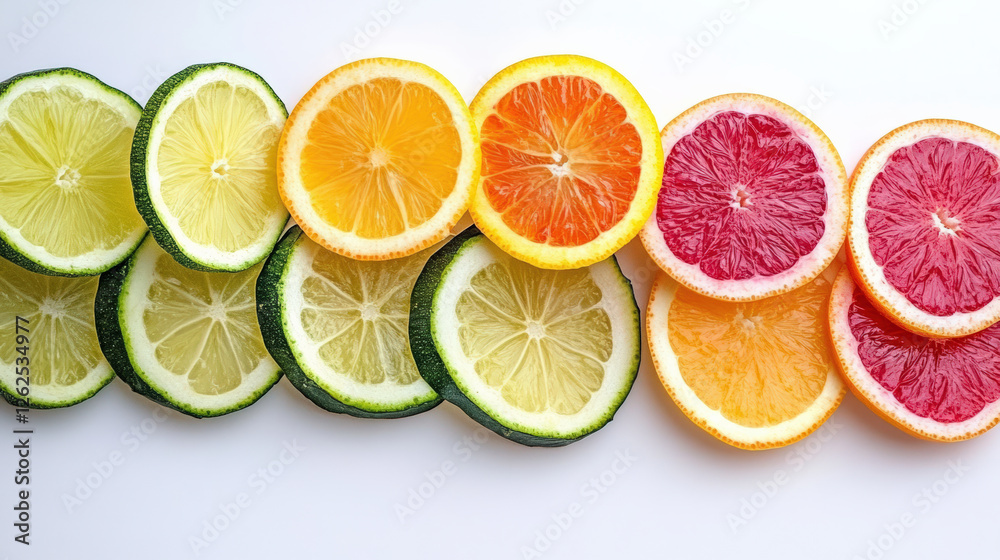 Fresh citrus fruit slices arranged in colorful flat lay display, showcasing vibrant colors and textures. This captures essence of healthy eating and freshness