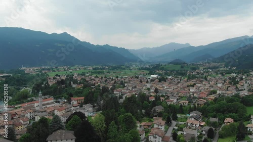 Rovetta village, Bergamo, Lombardy in Italy. Aerial forward photo