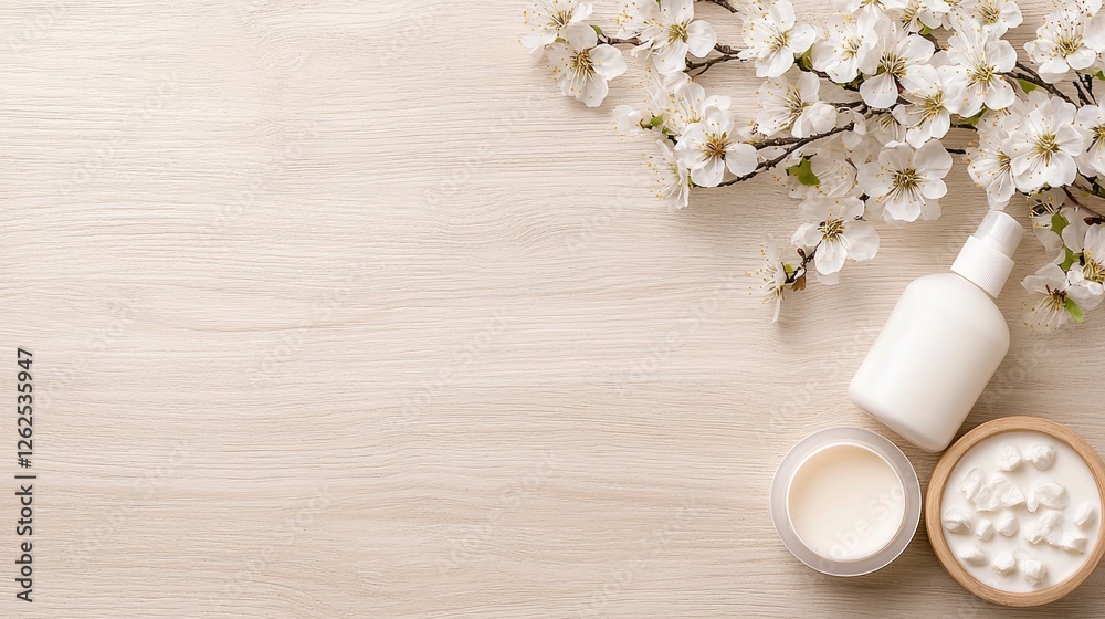 Spring skincare products on wooden table Spring skincare products on wooden table