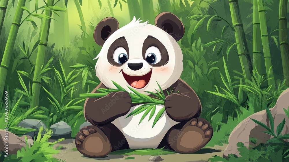 A happy panda sits in a vibrant green forest, munching on fresh bamboo while surrounded by lush vegetation and dappled sunlight, creating a joyful atmosphere