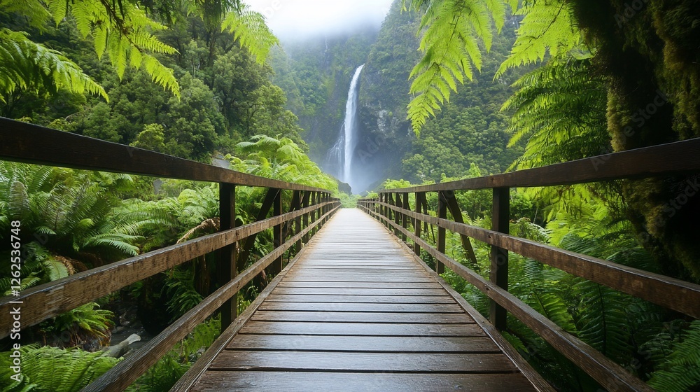 Wooden bridge to waterfall in lush rainforest Wooden bridge to waterfall in lush rainforest