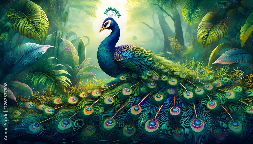 Fototapeta premium Peacock make of green leaves with its feathers spread and dancing in a Jungle or forest