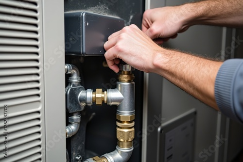 A Skilled Hand Engaging with Plumbing Equipment in a Close-Up View, Focusing on a Hand Tightening a Valve on a Residential Heating System photo